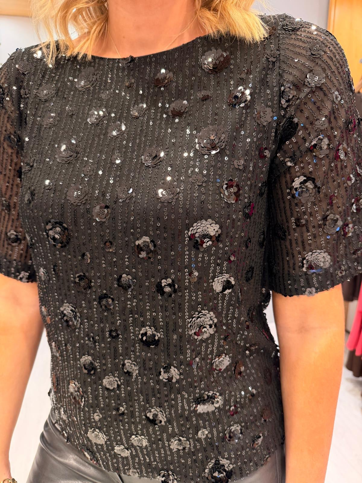 Kaffe Black Sequin Floral Top