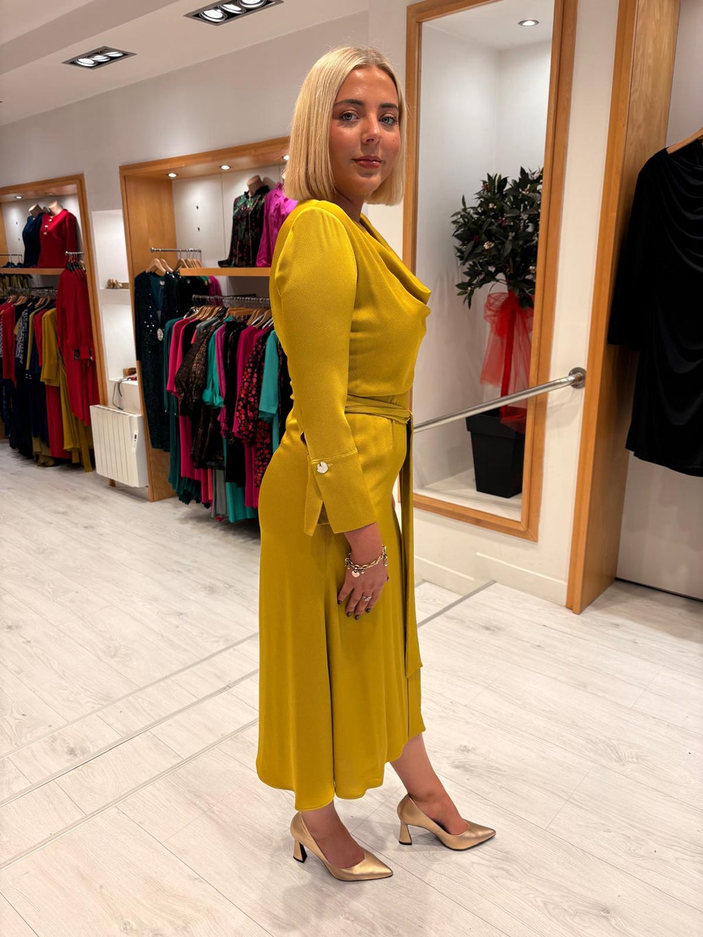 Rolemode Mustard Draped Cowl-Neck Dress