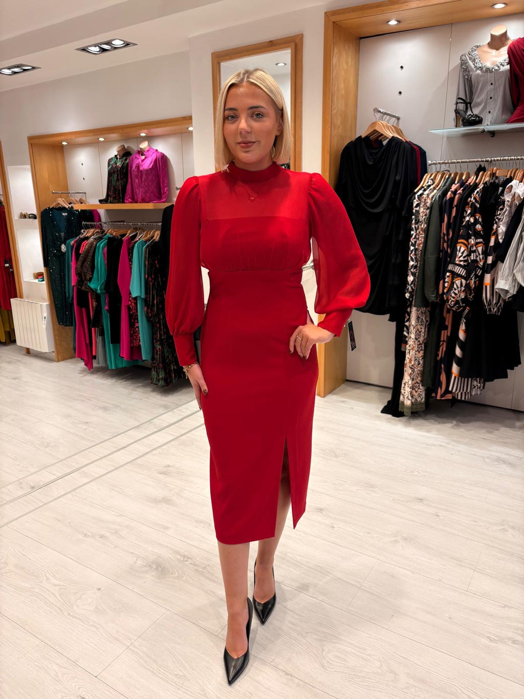 Rolemode Ruby Sheer-Sleeve High-Neck Dress