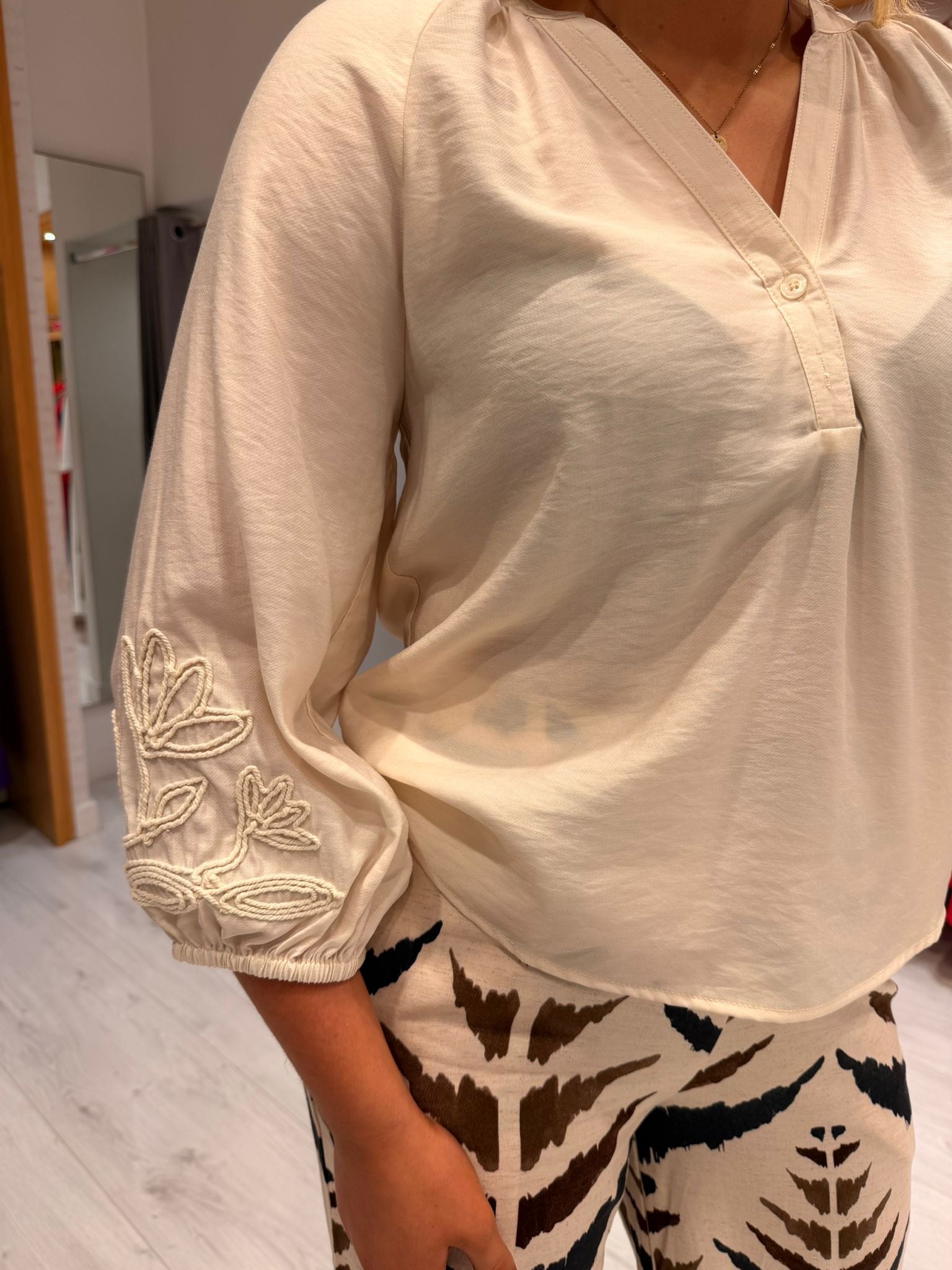 Smashed Lemon Cream Embroidered Top