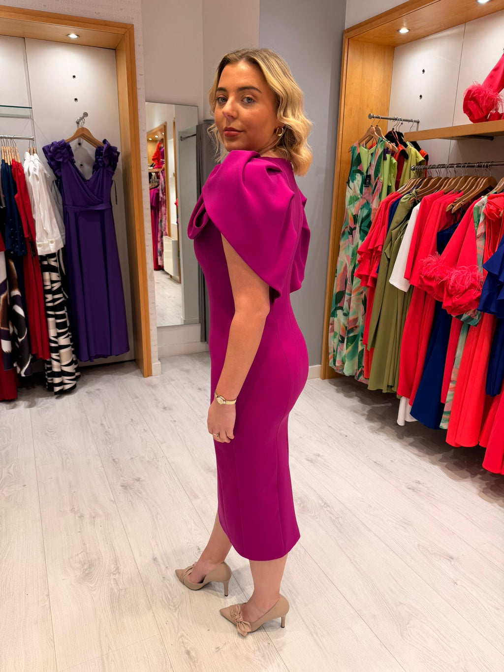Carla Ruiz Fucshia Cape Dress