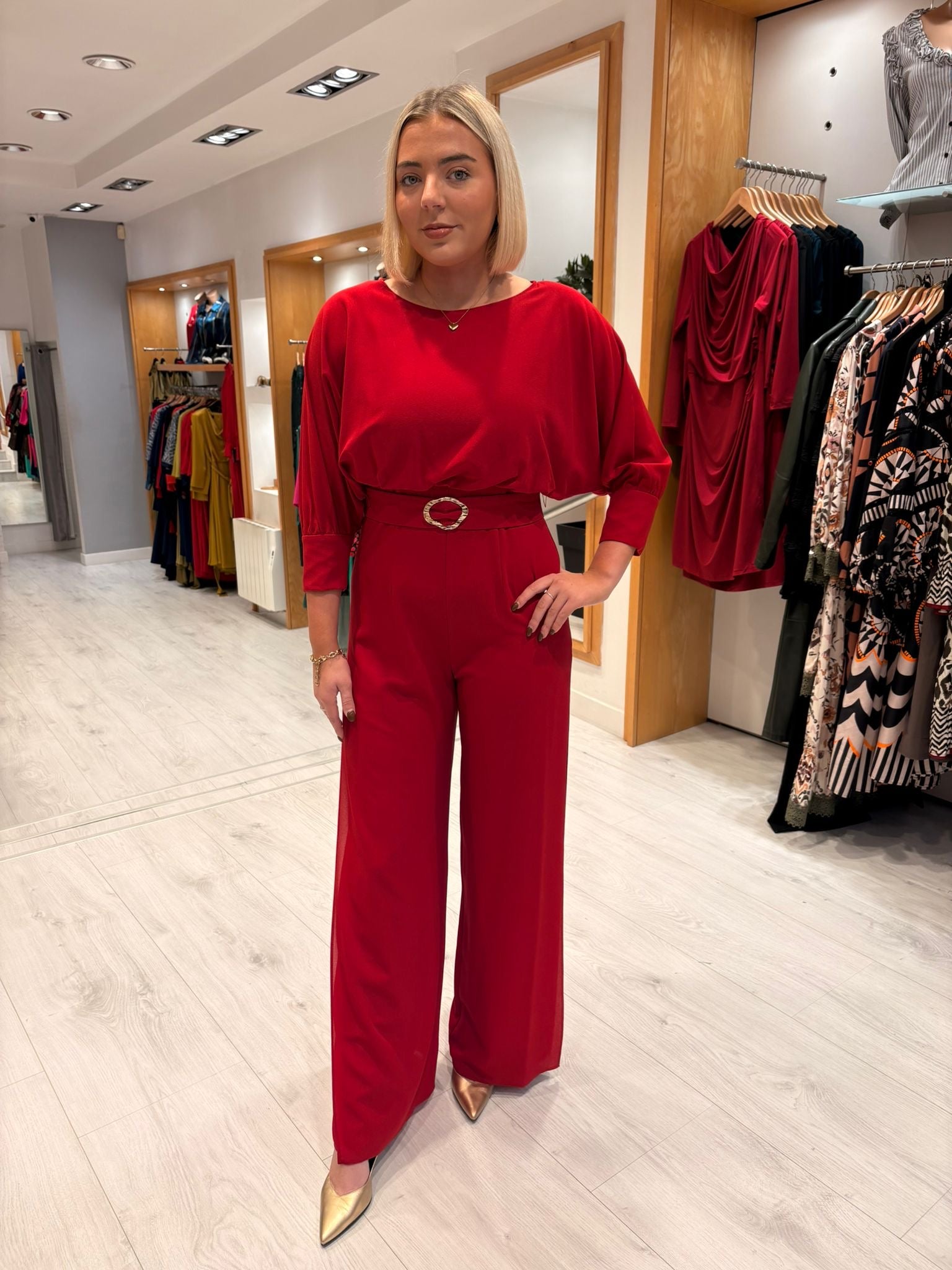 Moncho Heredia Red Belted Wide-Leg Jumpsuit