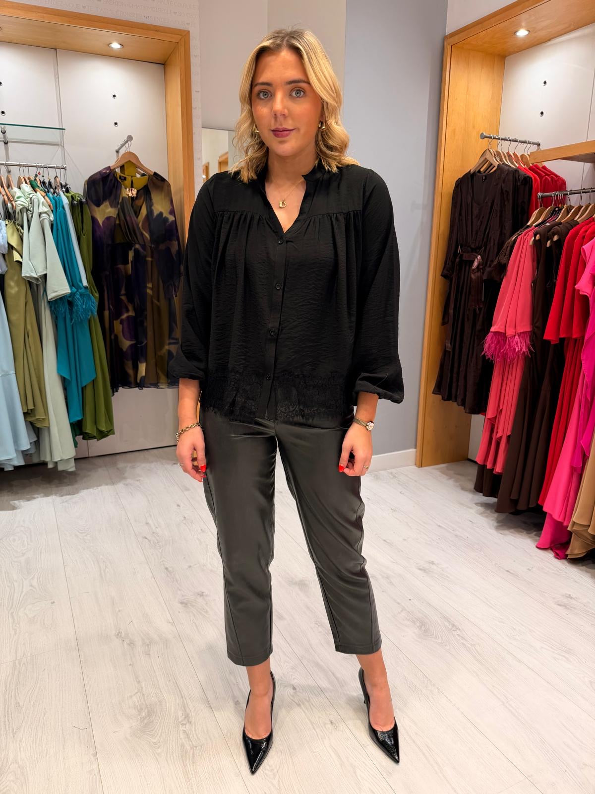 Kaffe Black Textured Button-Front Blouse