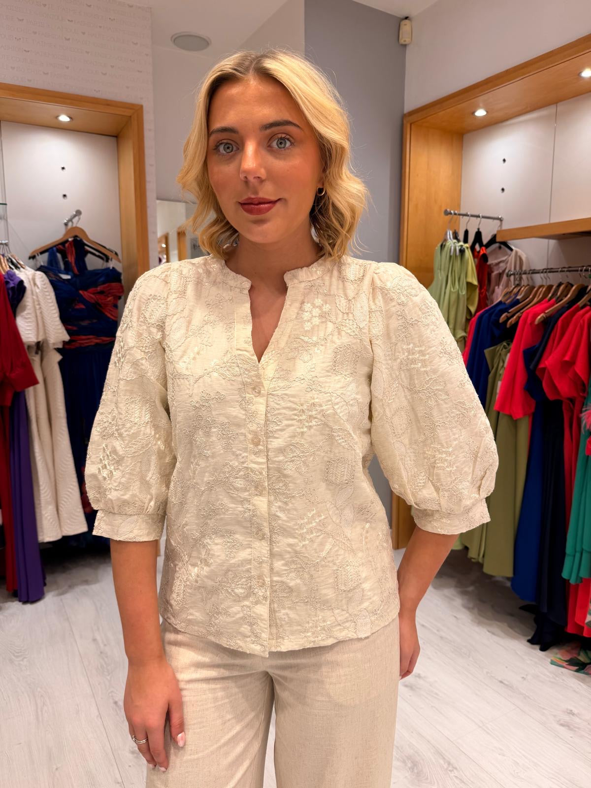 Smashed Lemon Cream Sequin Embroidered Top