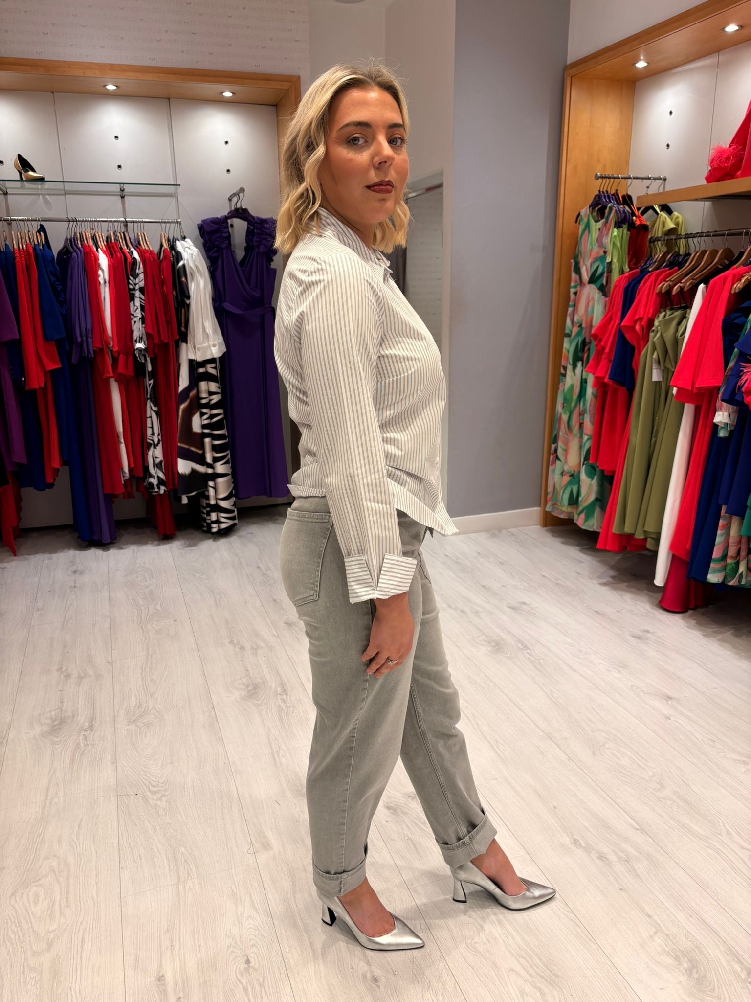 Yaya Grey and White Stripe Shirt