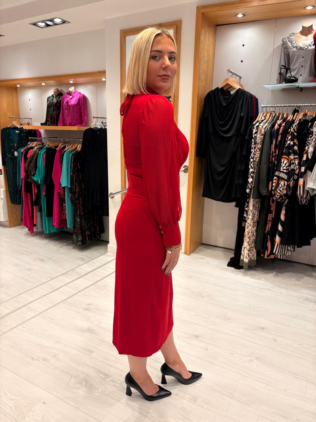 Rolemode Ruby Sheer-Sleeve High-Neck Dress