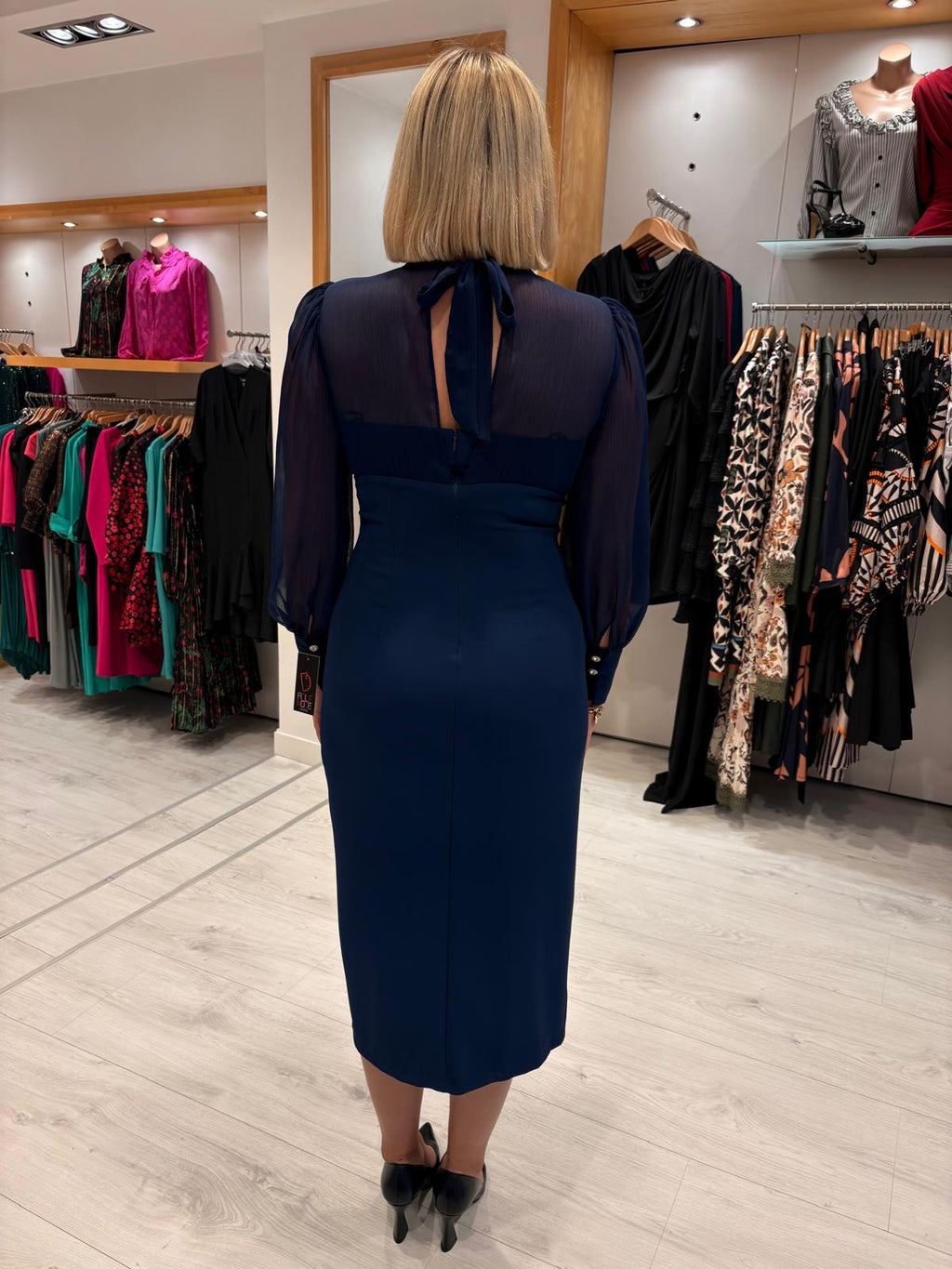 Rolemode Navy Sheer-Sleeve High-Neck Dress