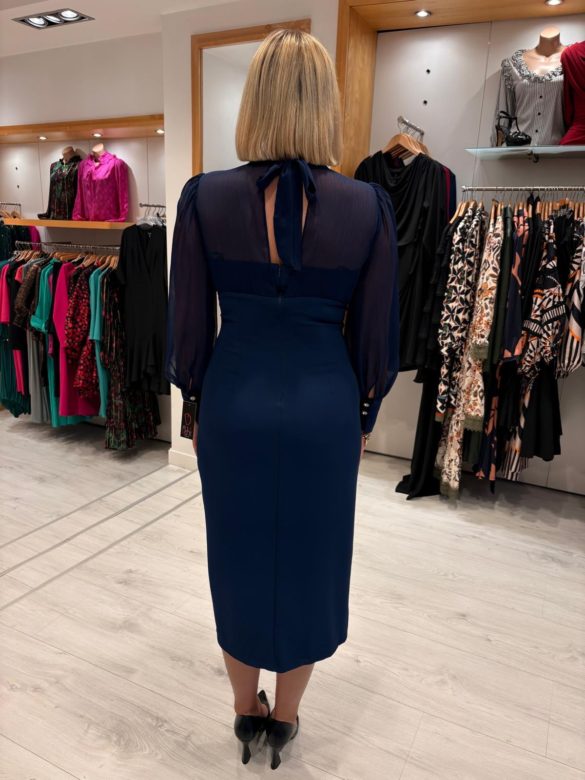 Rolemode Navy Sheer-Sleeve High-Neck Dress