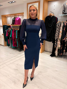 Rolemode Navy Sheer-Sleeve High-Neck Dress