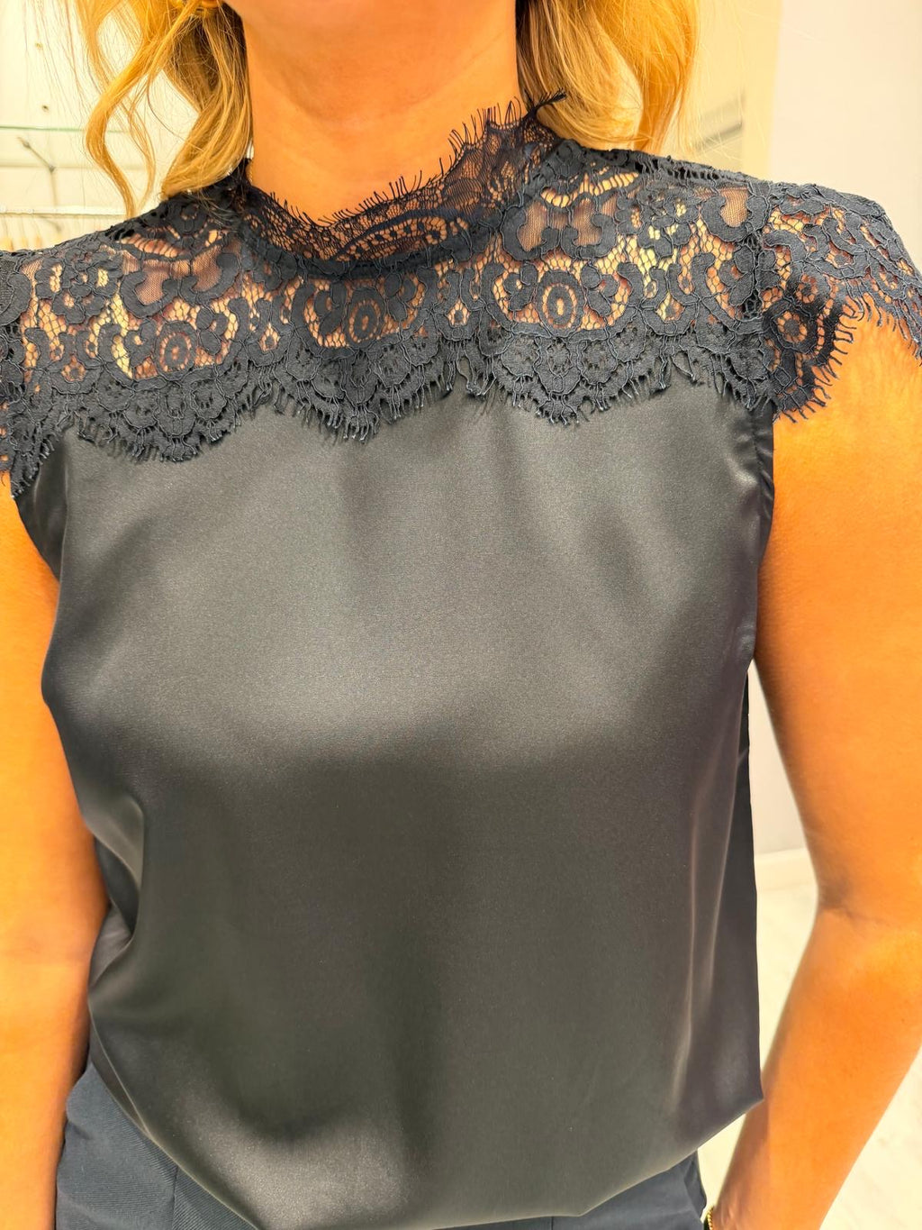 St Tropez Navy Lace Detail Top