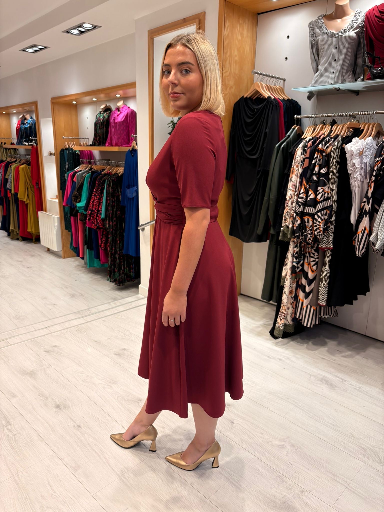 Casting Burgundy Wrap Midi Dress
