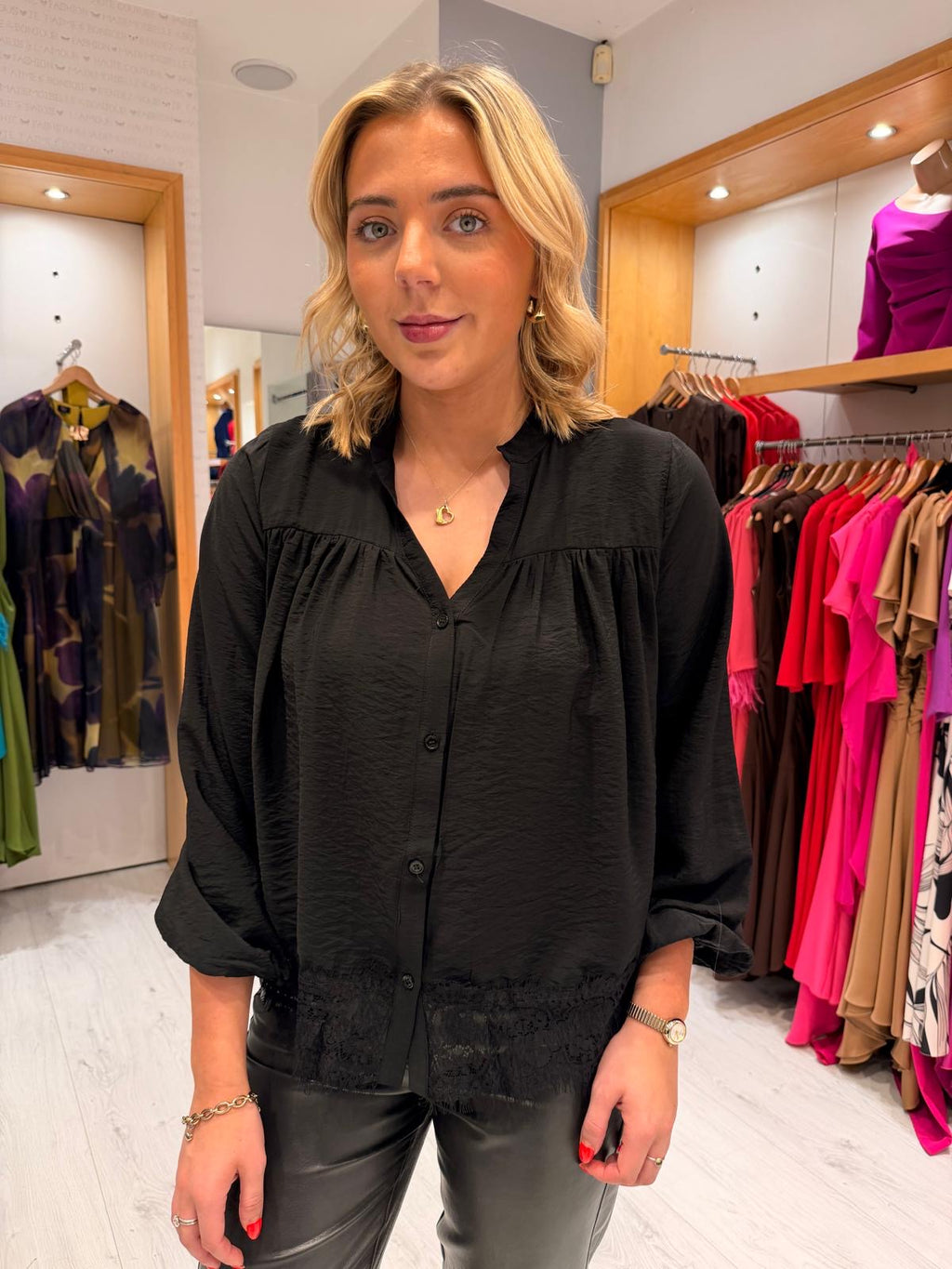 Kaffe Black Textured Button-Front Blouse