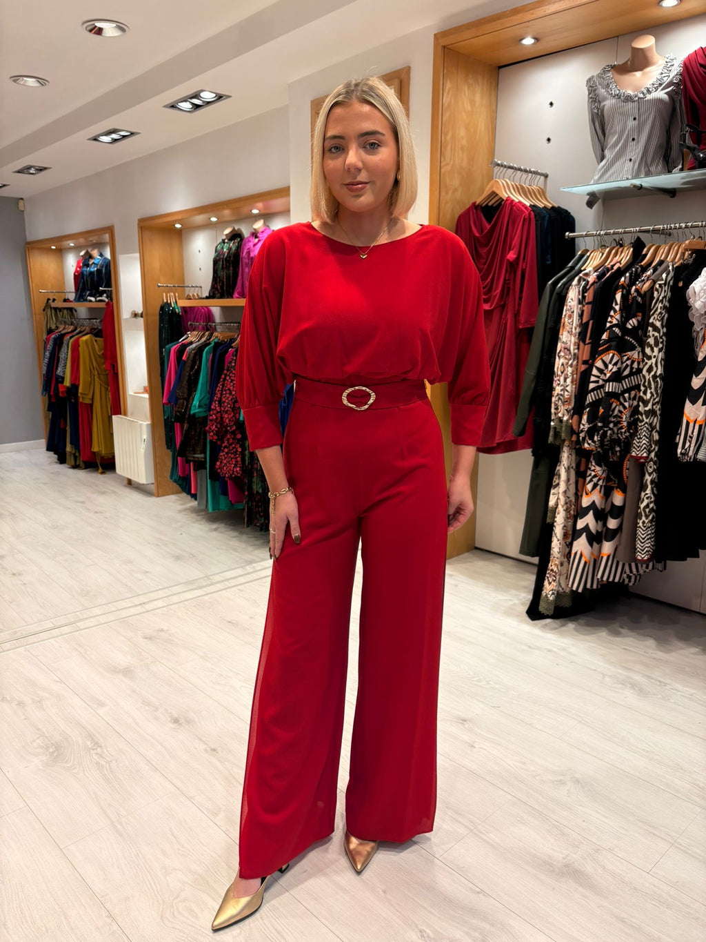 Moncho Heredia Red Belted Wide-Leg Jumpsuit