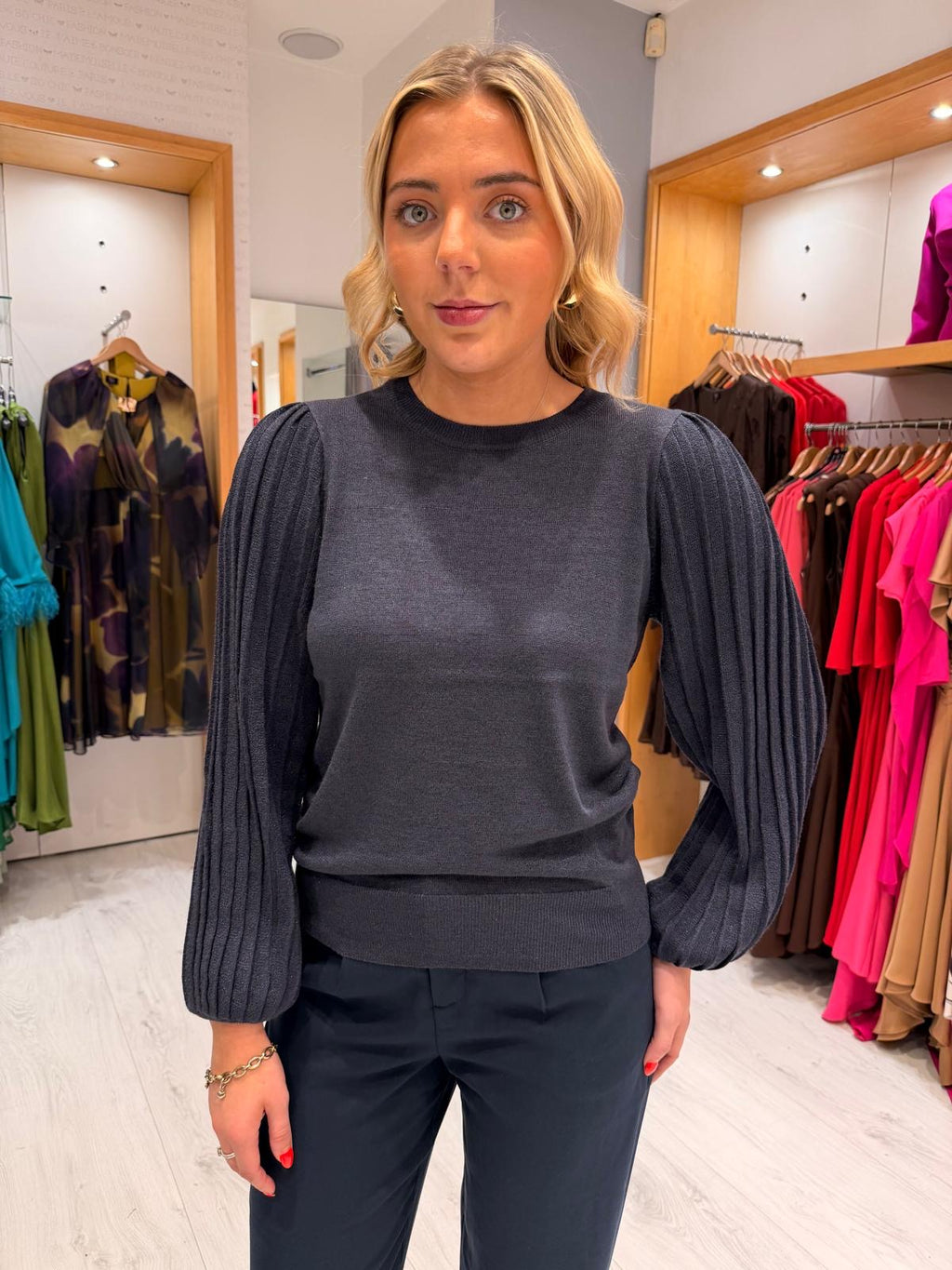 Kaffe Navy Pleated Sleeve Knit Top