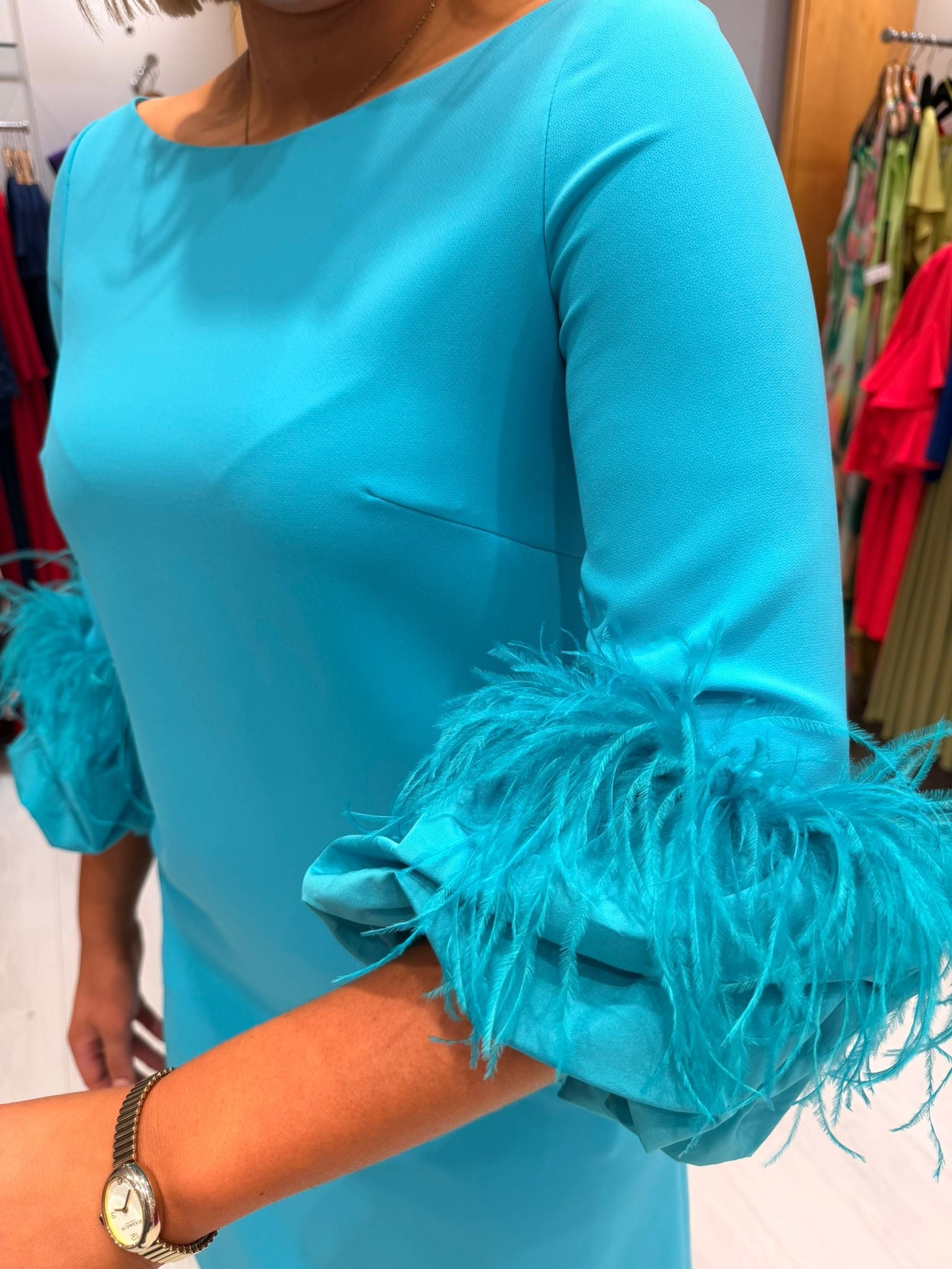 Carla Ruiz Aqua Feather Dress