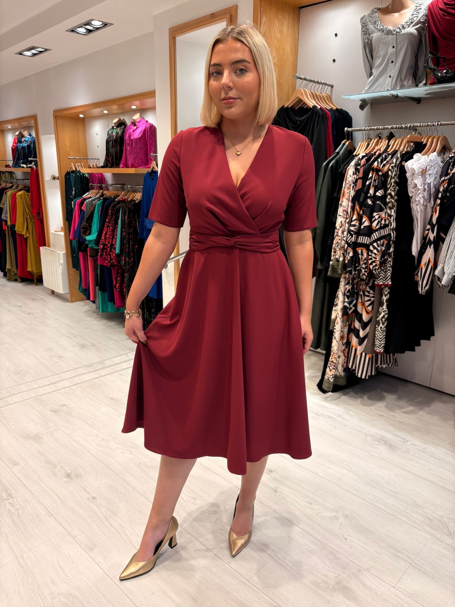 Casting Burgundy Wrap Midi Dress