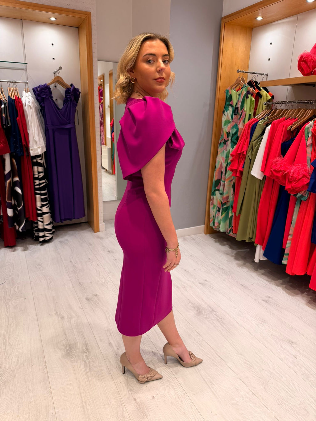Carla Ruiz Fucshia Cape Dress