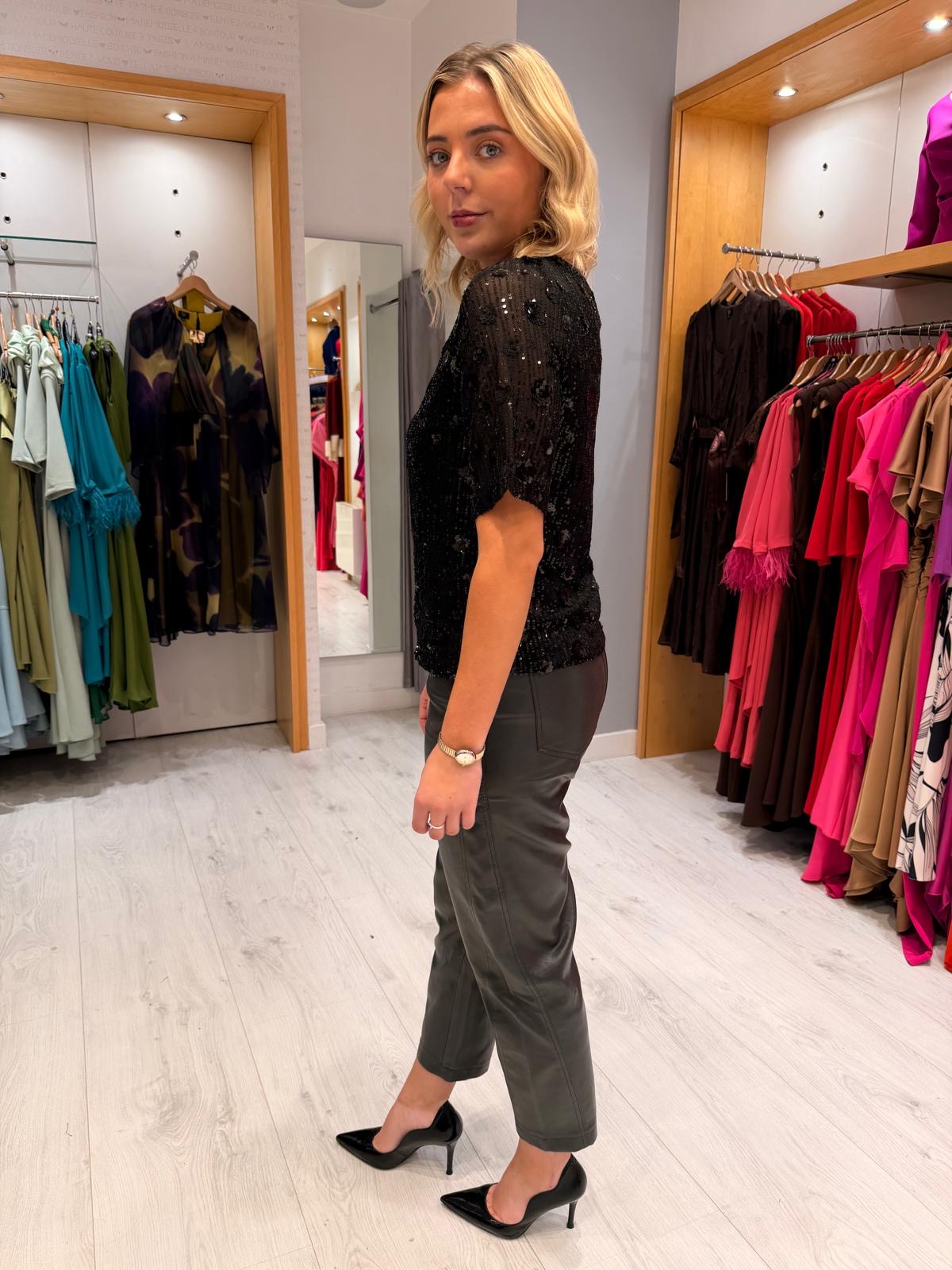 Kaffe Black Sequin Floral Top