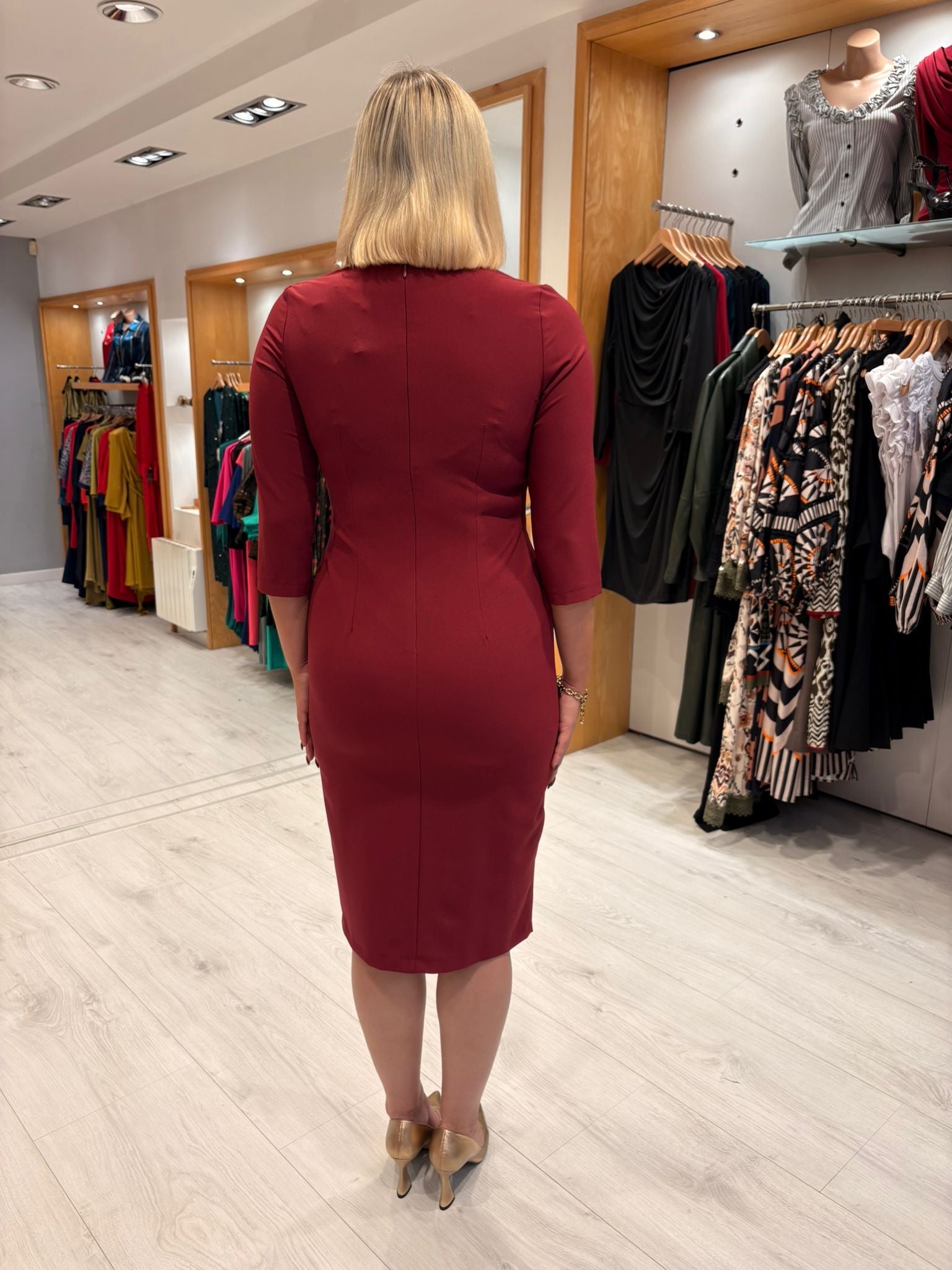 Casting Burgundy Draped Midi Dress with Buckle Detail