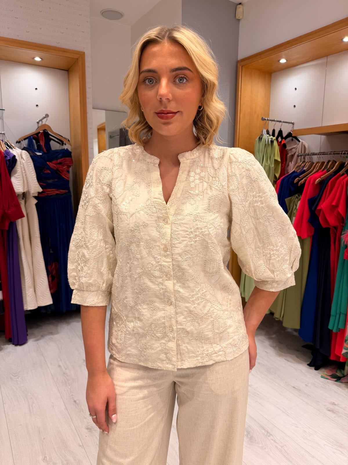 Smashed Lemon Cream Sequin Embroidered Top