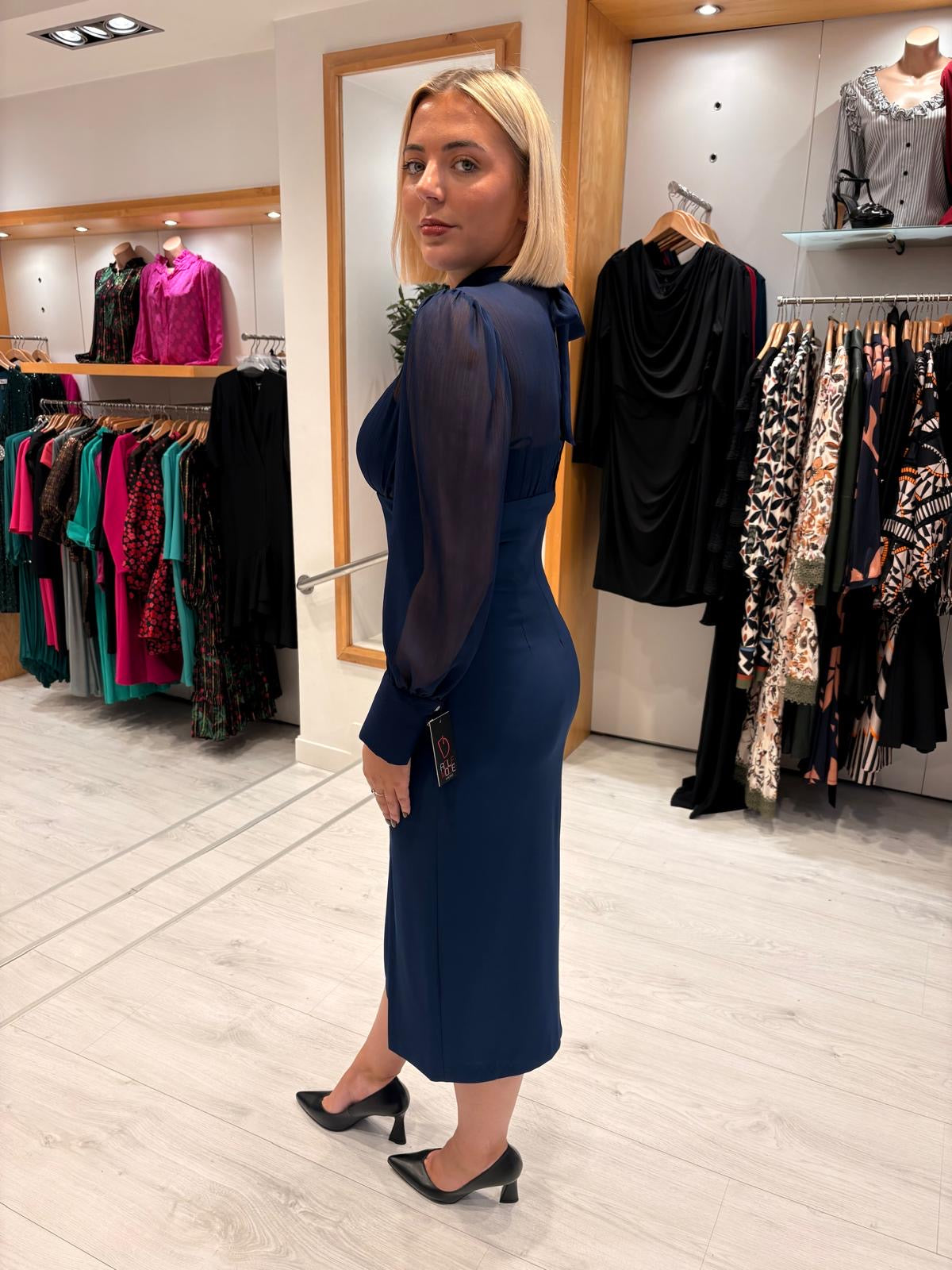 Rolemode Navy Sheer-Sleeve High-Neck Dress