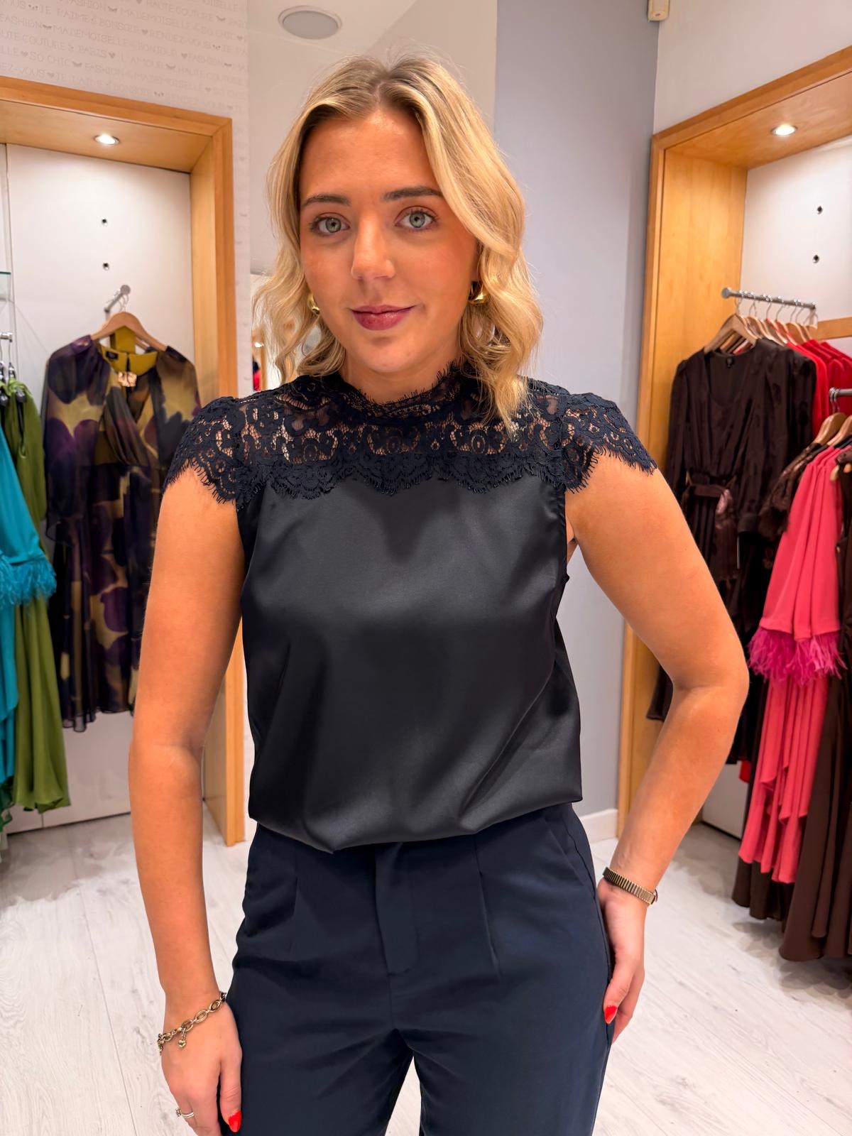 St Tropez Navy Lace Detail Top