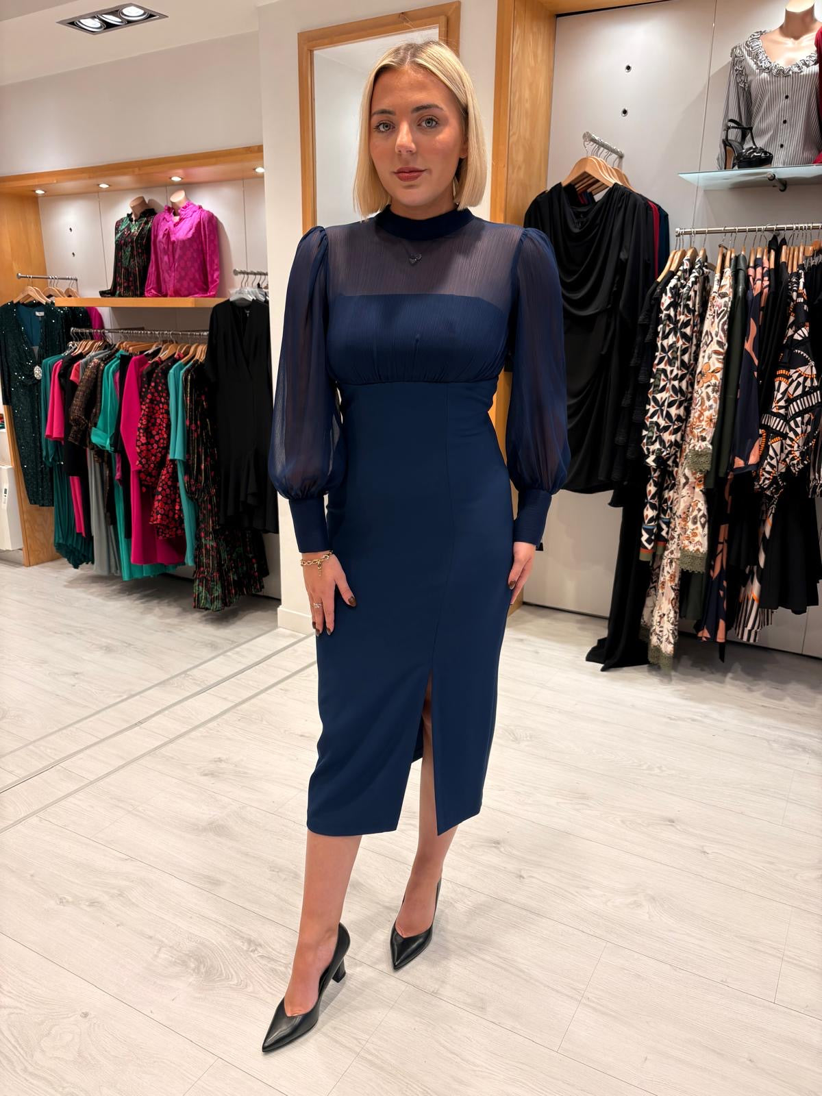 Rolemode Navy Sheer-Sleeve High-Neck Dress
