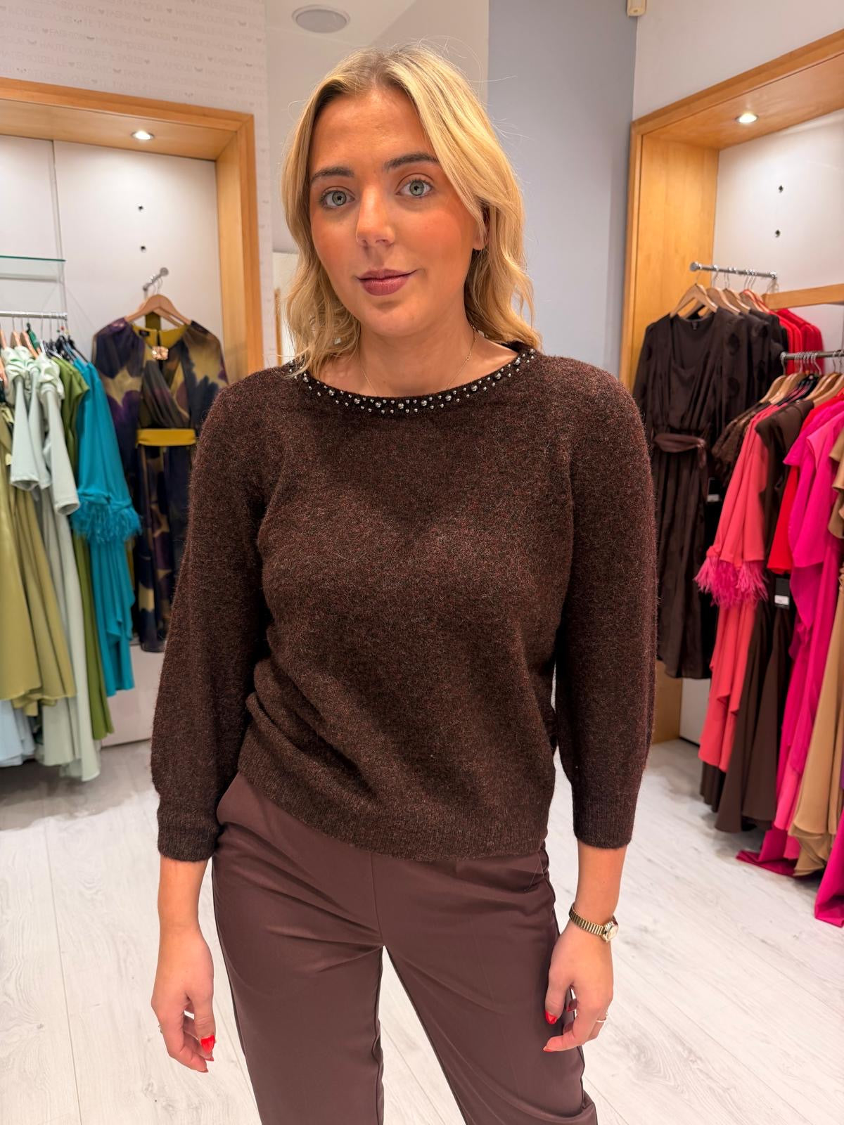 Kaffe Chocolate Brown Embellished Knit