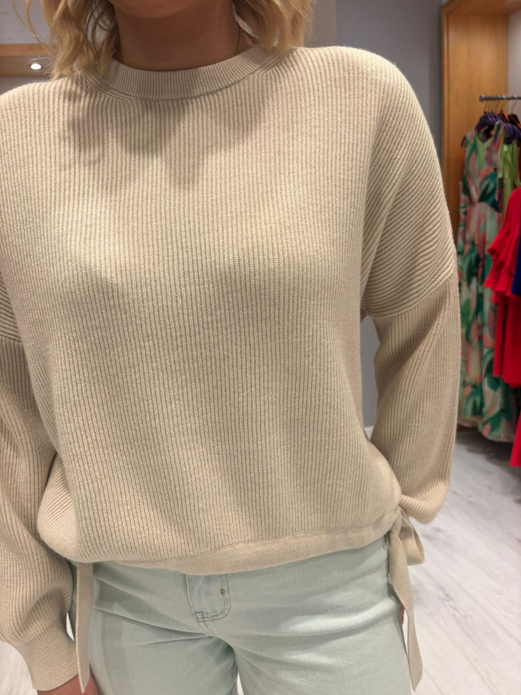 Yaya Cream Knit Sweater with Tie Details