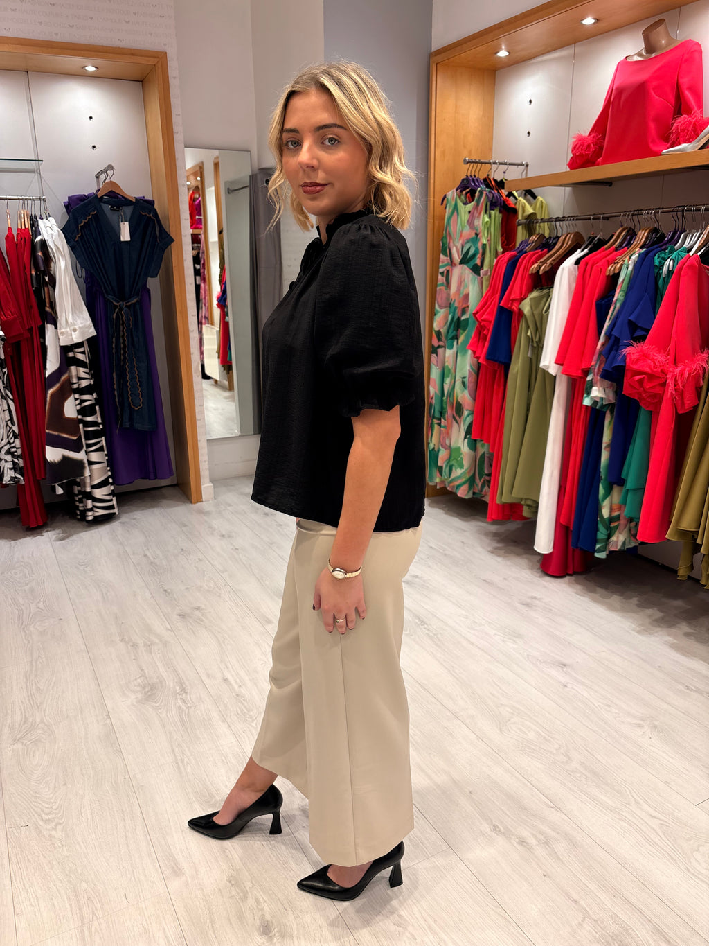 Kaffe Black Puff Sleeve Top