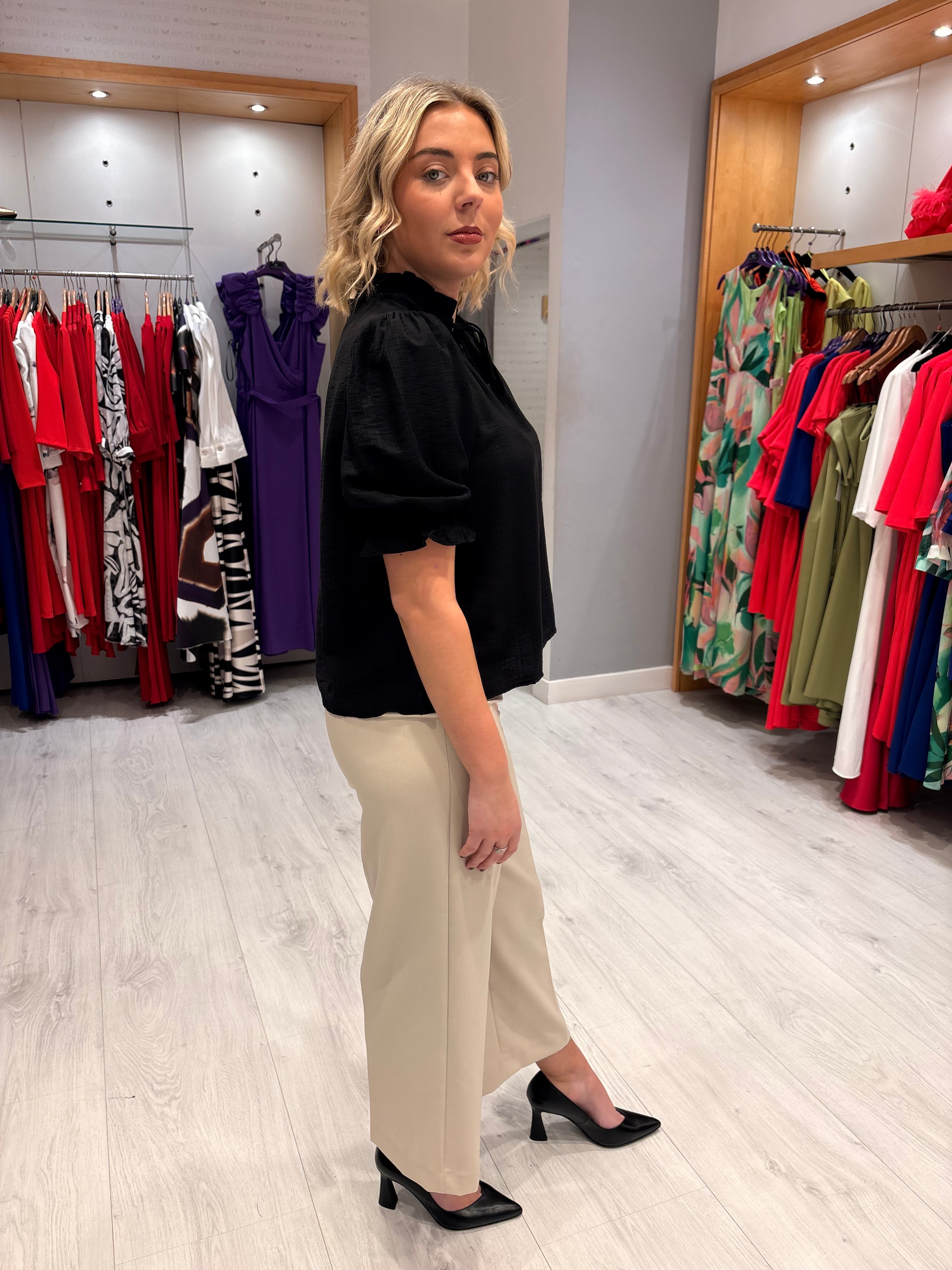 Kaffe Black Puff Sleeve Top