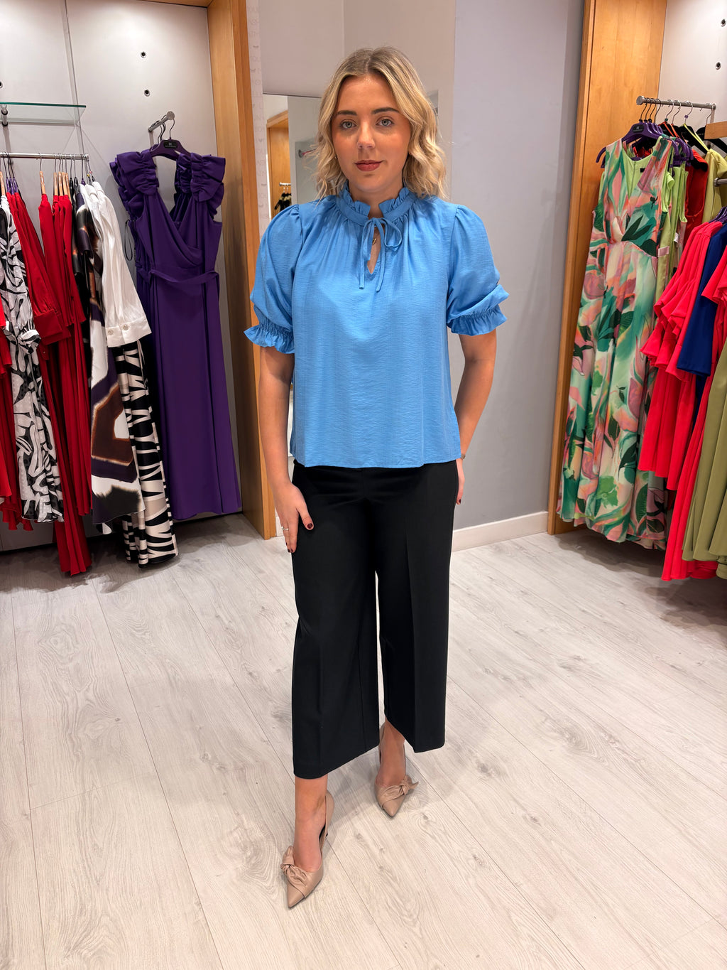 Kaffe Blue Puff Sleeve Top