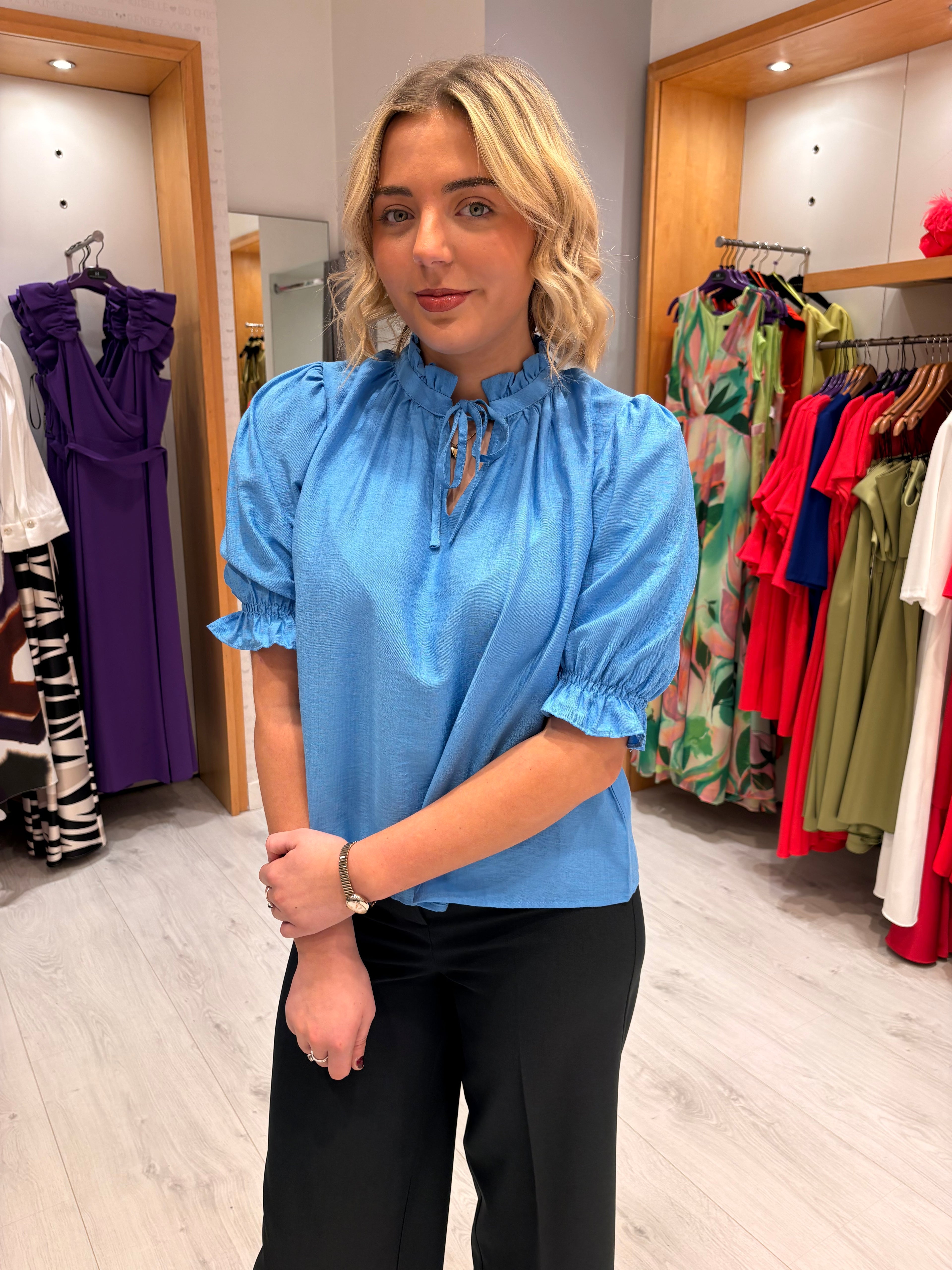 Kaffe Blue Puff Sleeve Top