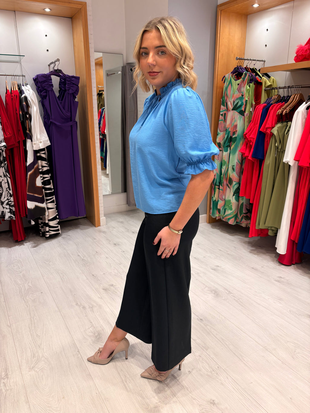 Kaffe Blue Puff Sleeve Top