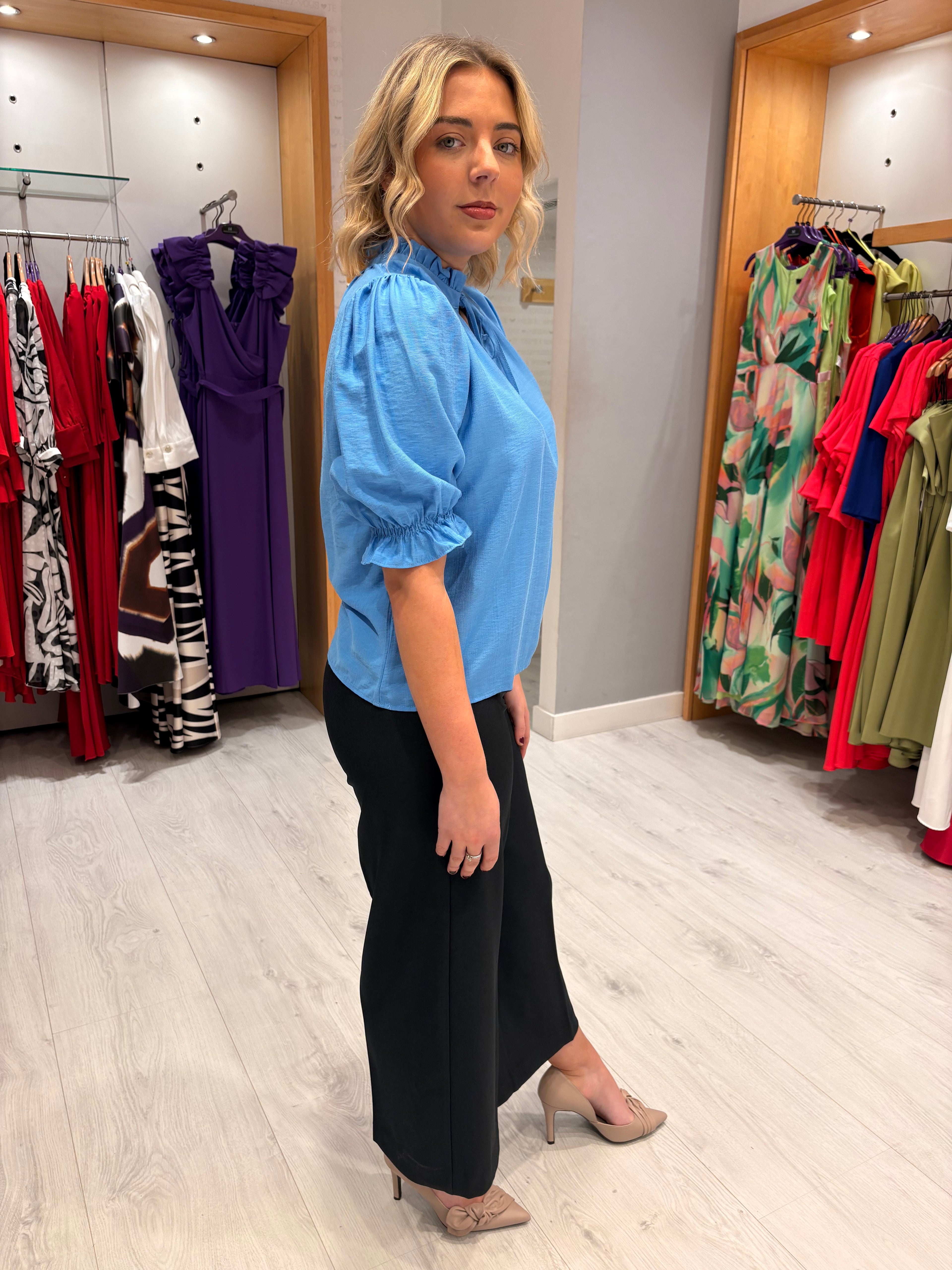 Kaffe Blue Puff Sleeve Top
