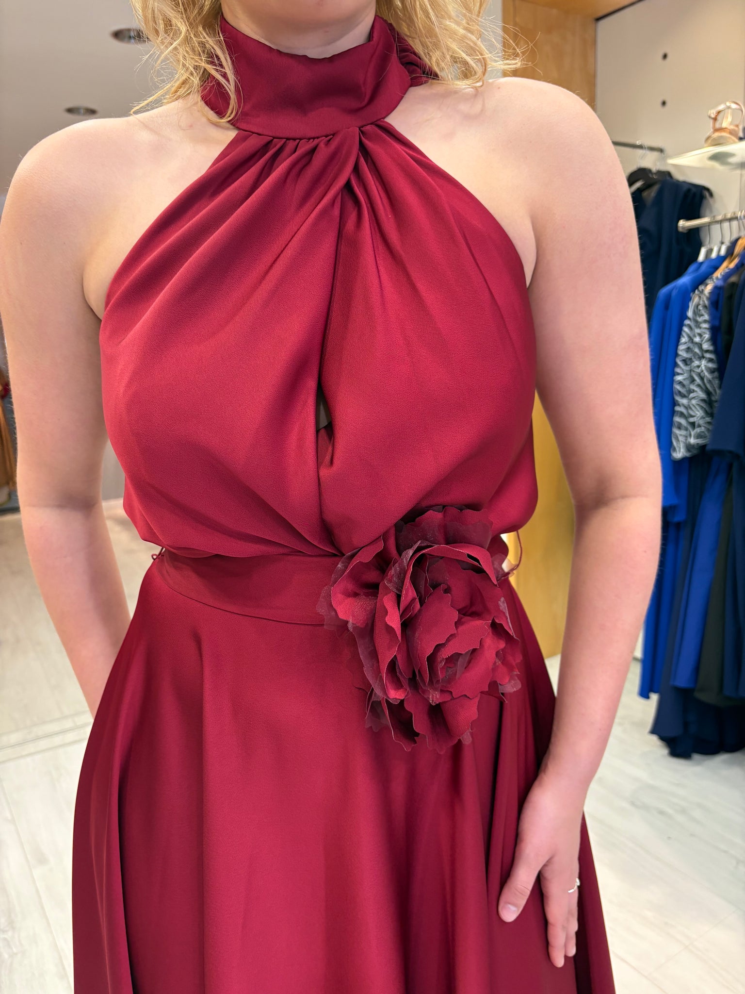 Maisonel Bordeaux Drape Halter Neck Flower Detail Dress