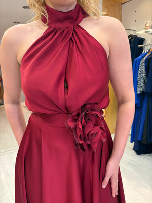 Maisonel Bordeaux Drape Halter Neck Flower Detail Dress