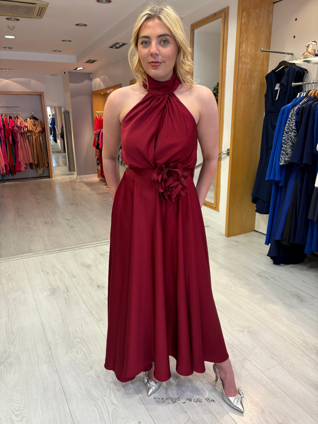 Maisonel Bordeaux Drape Halter Neck Flower Detail Dress