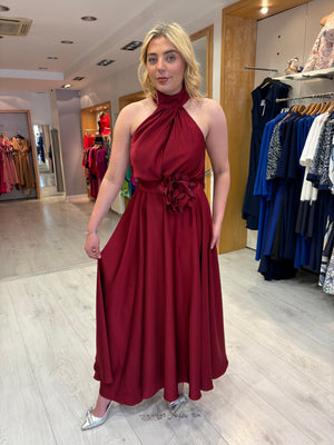 Maisonel Bordeaux Drape Halter Neck Flower Detail Dress