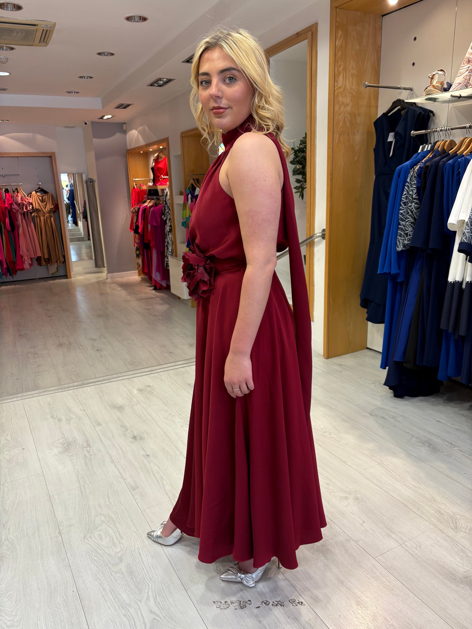 Maisonel Bordeaux Drape Halter Neck Flower Detail Dress