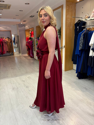 Maisonel Bordeaux Drape Halter Neck Flower Detail Dress