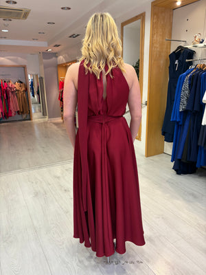 Maisonel Bordeaux Drape Halter Neck Flower Detail Dress