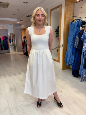 Soaked White Ribbed Bodice Midi Dress