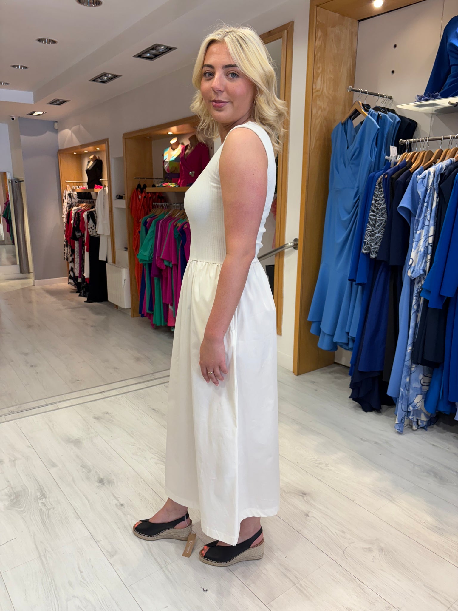 Soaked White Ribbed Bodice Midi Dress