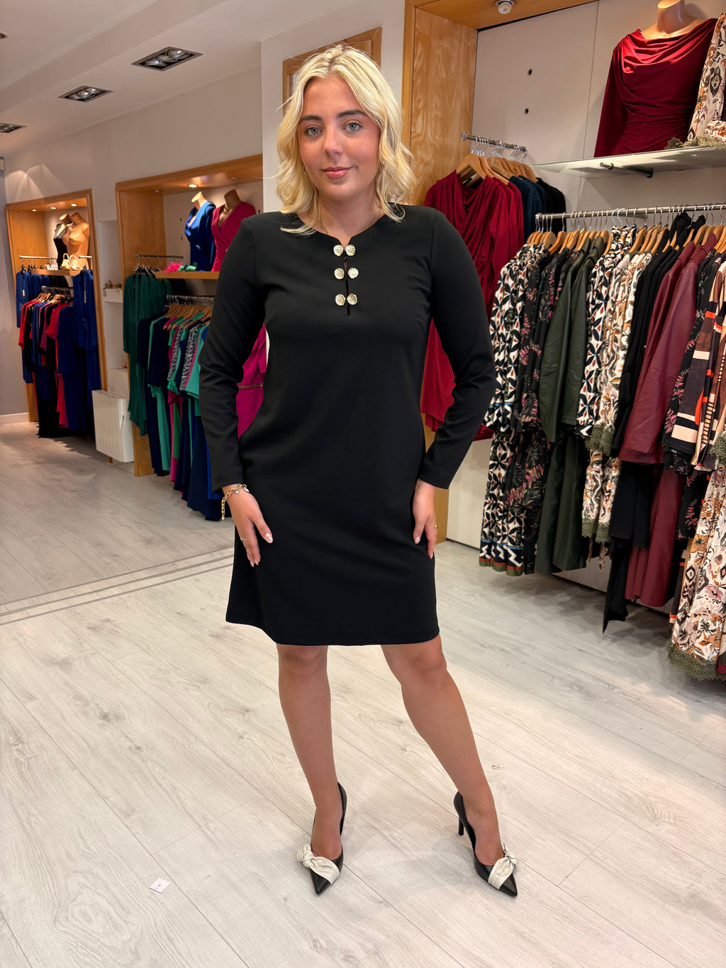 Arggido Black Shift Dress with Gold Button Detail