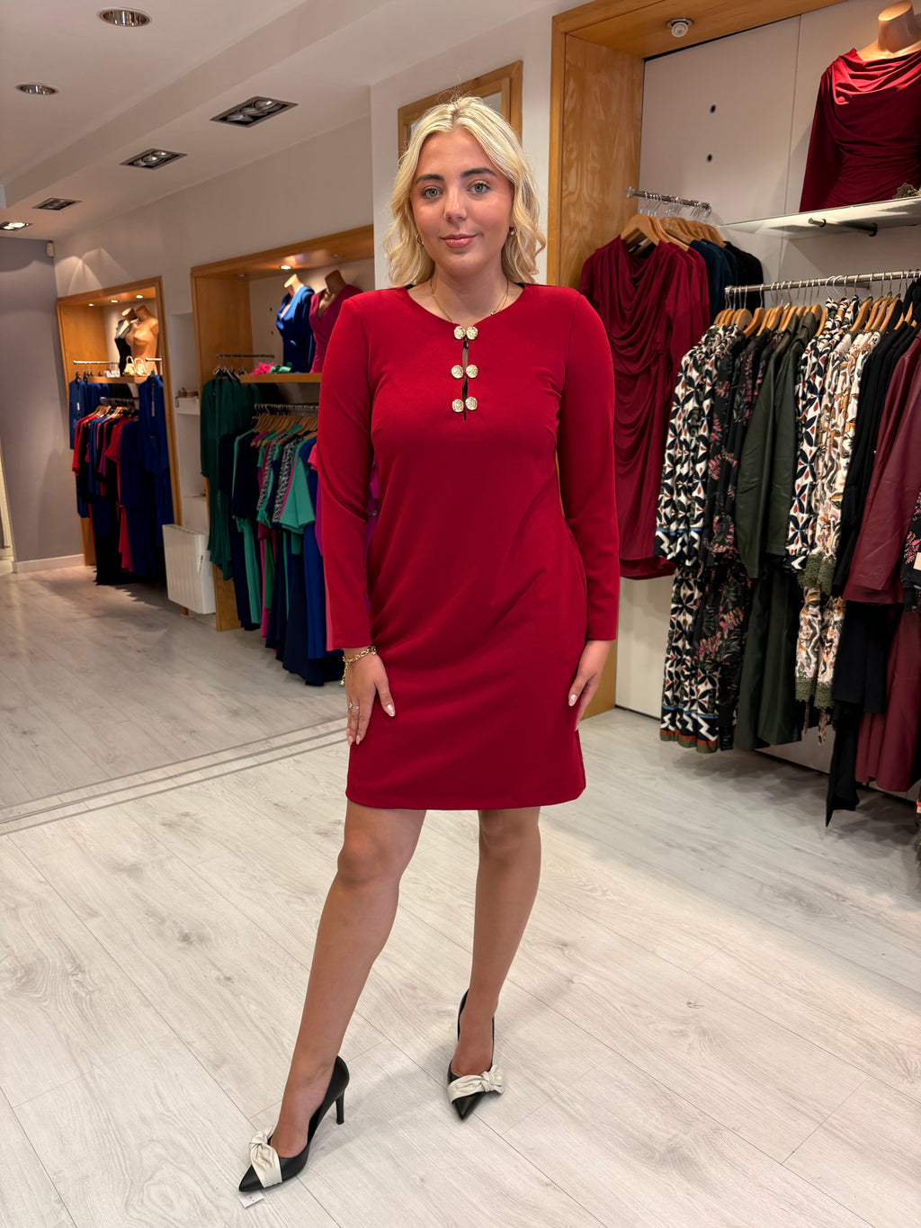 Arggido Red Shift Dress with Gold Button Detail