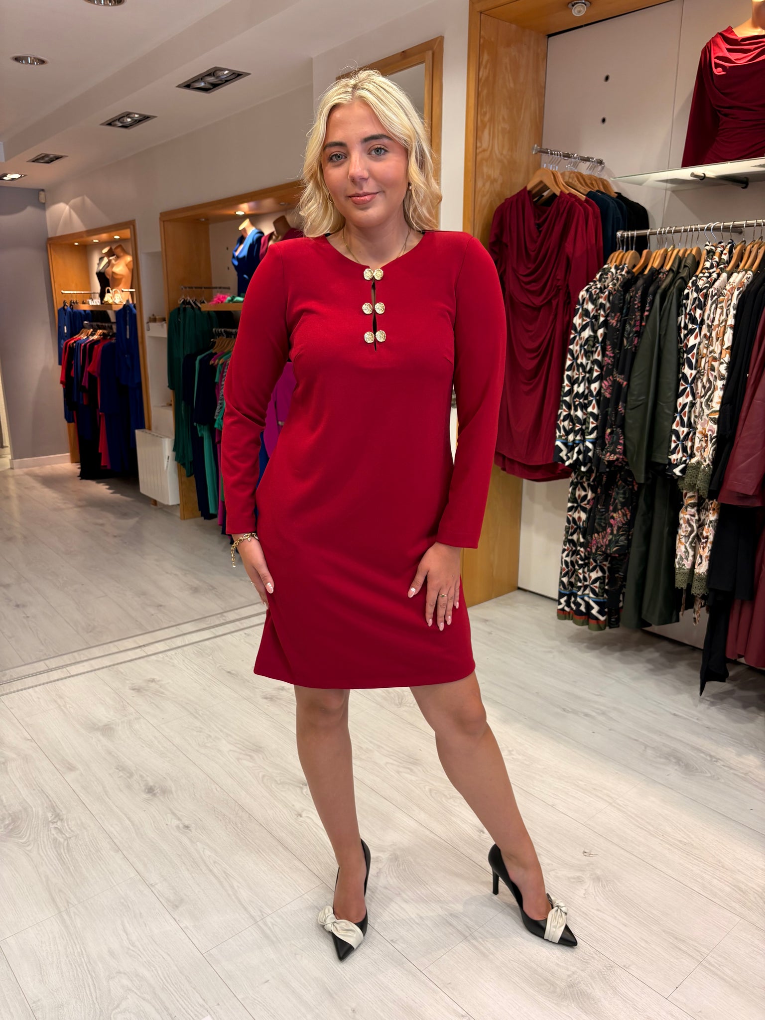 Arggido Red Shift Dress with Gold Button Detail