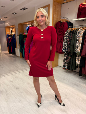 Arggido Red Shift Dress with Gold Button Detail
