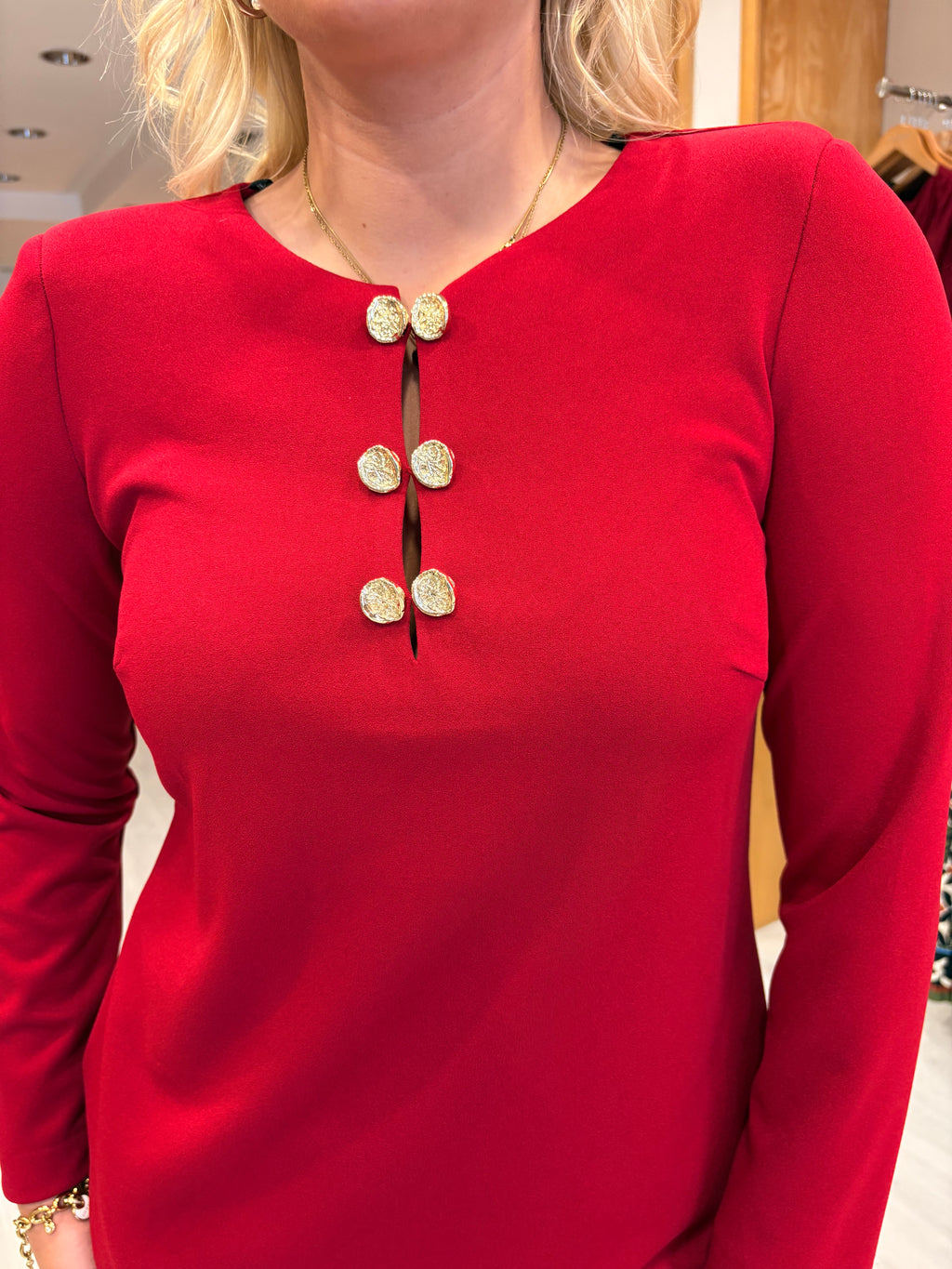Arggido Red Shift Dress with Gold Button Detail