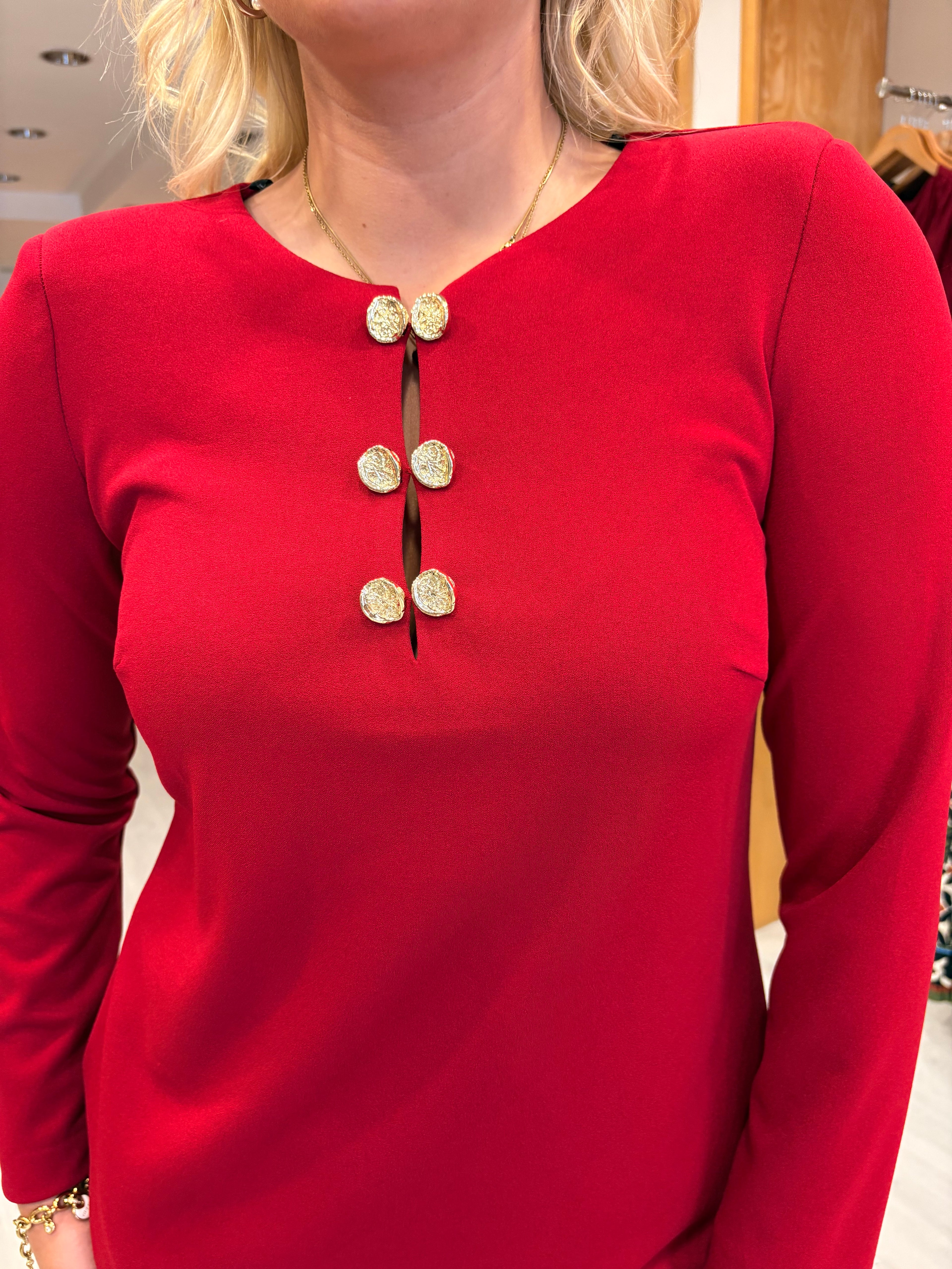 Arggido Red Shift Dress with Gold Button Detail